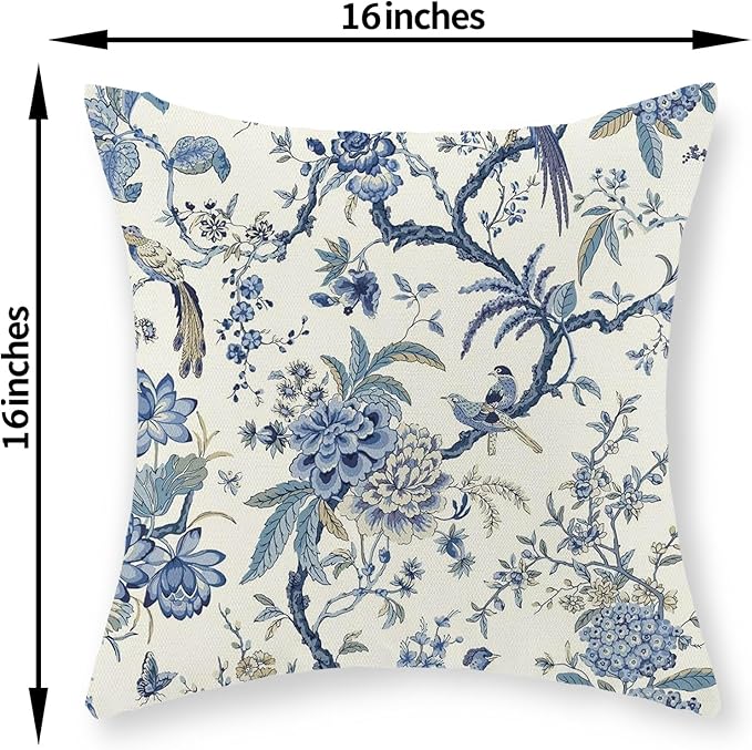 Chinoiserie Floral Bird Pillow Covers 16x16 Set of 2 Spring Chinoiserie Flowers Decorative Pillowcase Outdoor Blue and Cream Throw Pillows Farmhouse Linen Cushion Case for Couch Home Decor