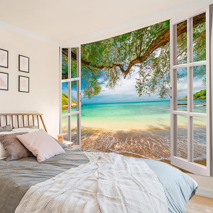 EOBTAIN Beach Window Tapestry - Coastal Beachy Summer Nature Landscape Wall Hanging for Bedroom, Living Room, Dorm - Ocean and Tree Scenery - 60x40 Inch