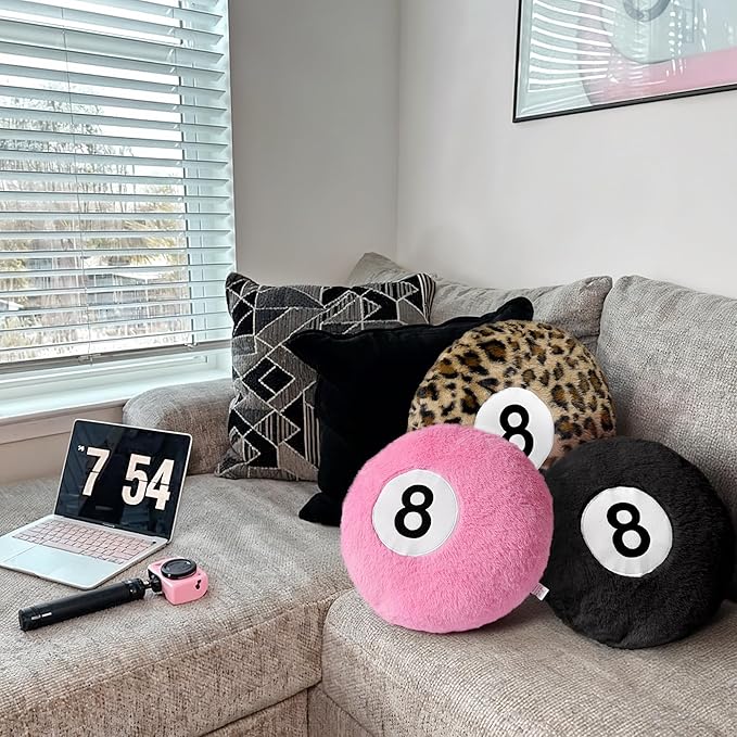Dripykiaa Pink 8 Ball Throw Pillow, 14" Pink 8 Ball Round Plush Decorative Throw Pillow, Soft Aesthetic Cushion for Bedroom & Living Room, Trendy Pink Room Decor for Women & Teens