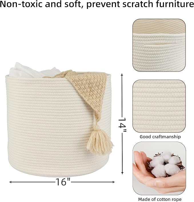 Cotton Rope Basket For Girls Boys Kids 16”X14” Baby Laundry Baskets Nursery Bin Round Woven Basket Organizer For Storage Toys Blankets Shoes Clothes white