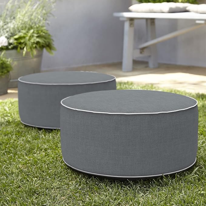 Indoor/Outdoor Inflatable Ottoman D21 x H9 inch, Round Footstool Inflatable Foot Rest Ottoman with Handle, Portable Pouf for Patio, Garden, Camping, Home, Textured Gray