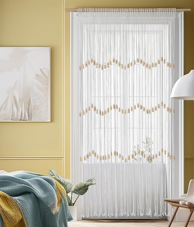 IOWER Macrame Curtain Beaded Doorway Panel White Boho Curtain for Bedroom Wedding Backdrop Room Divider Closet Apartment Living Room Kitchen Doors Home Decor 35''W x 70''L