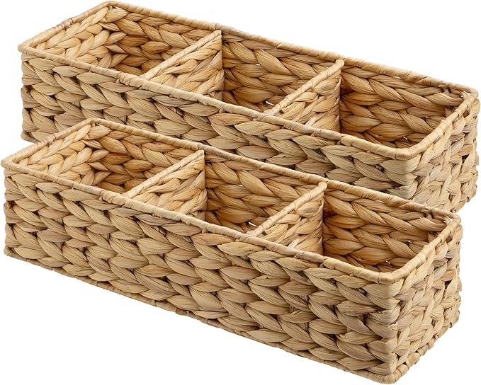 StorageWorks Toilet Paper Basket for Back of Toliet, Toilet Tank Basket with 3 Large Compartments, Water Hyacinth Toilet Paper Storage Baskets, 16½"x 5½"x 5½", 2-Pack
