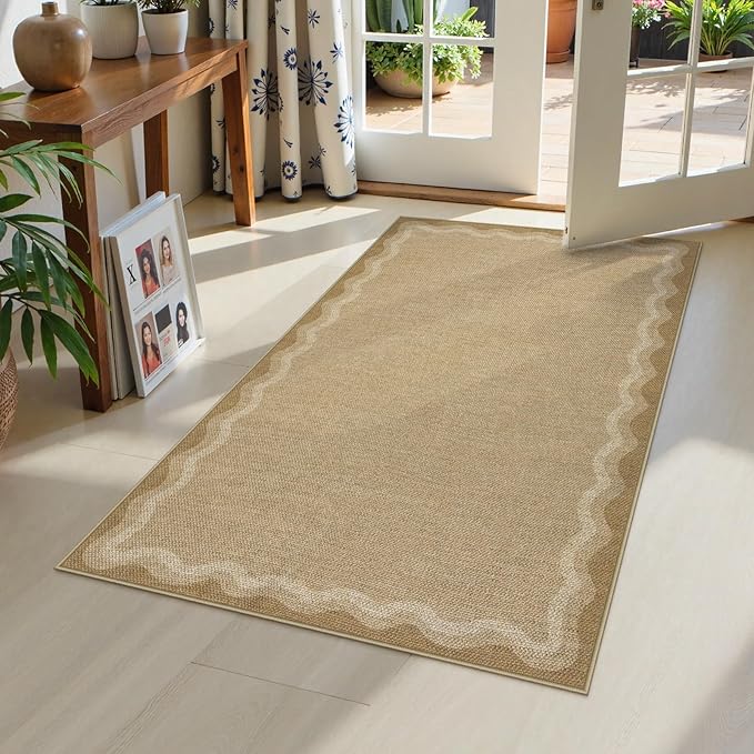 LIVEBOX Scalloped Washable 3x5 Outdoor Rug, Easy Jute Geometric Tan Rug for Entryway, Indoor Non Slip Patio Rugs Farmhouse Carpet Area Rug for Bedroom Living Room Kitchen Bathroom Front Door Mat Porch