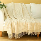 Blagic Knitted Throw Blanket for Couch, Bed and Sofa. Super Soft Blanket with Tassels, Beige/Ivory Throw Blanket, 50 x 60 Inches Lightweight & Cosy Home Decor