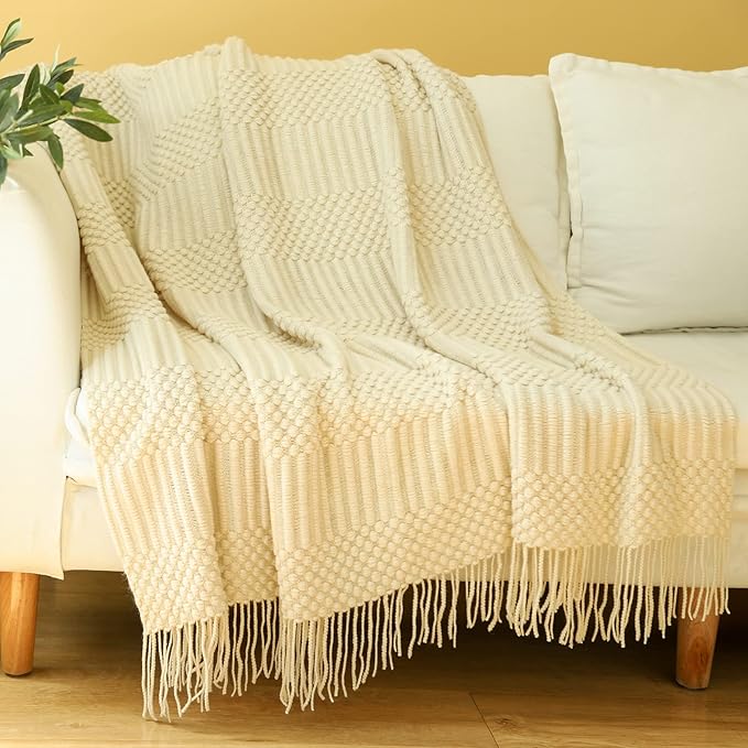 Blagic Knitted Throw Blanket for Couch, Bed and Sofa. Super Soft Blanket with Tassels, Beige/Ivory Throw Blanket, 50 x 60 Inches Lightweight & Cosy Home Decor
