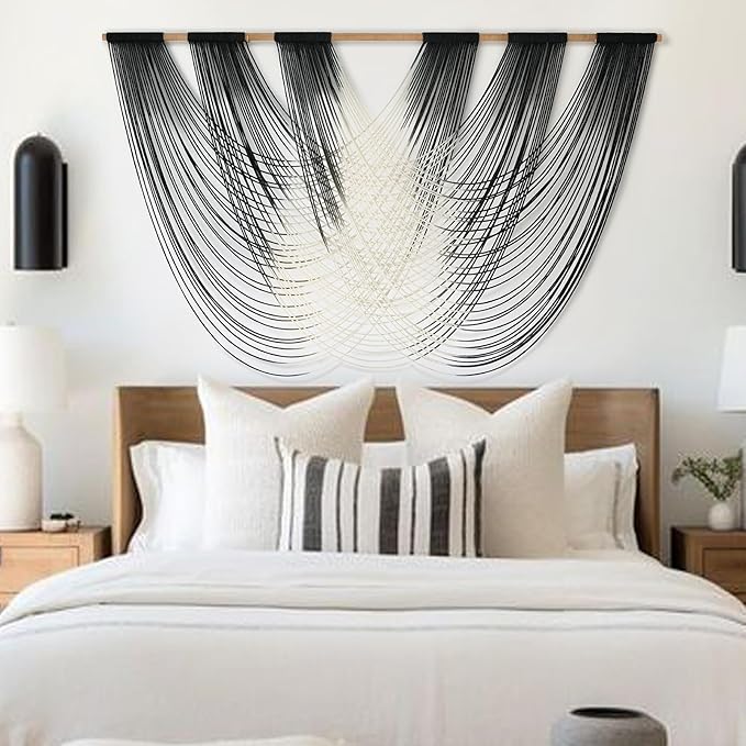 Jakalin Macrame Wall Hanging Black And White Dip Dyed Large Fiber Wall Art Macrame Wall Decor Boho Bedroom Living Room Wall Decor,59" W x 33" L