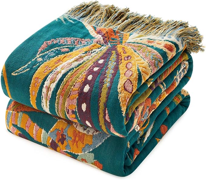 Boho Throw Blanket - 50"x60" Soft Cotton Throw Blanket Muslin Blankets for Bed, Reversible Lightweight Spring Blanket with Floral Printed, All Season Farmhouse Decor Rustic Blanket