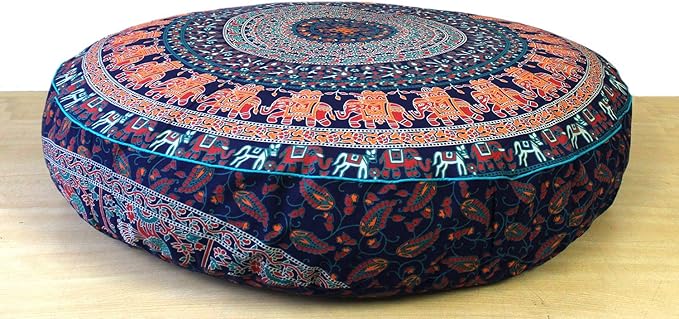 ICC Large Hippie Mandala Round Floor Pillow Cover Ottoman Pouf Cover Daybed Oversized Cotton Cushion Cover with Heavy Duty Zipper Seating Ottoman Poufs Dog-Pets Bed (Brown Elephant, 35" Round)