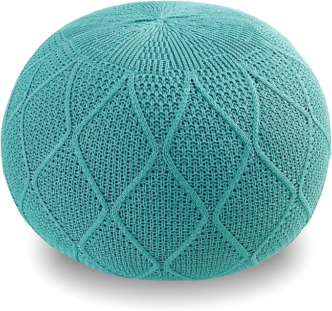 ARTPLAN Outdoor Round Pouf Ottoman Hand Knitted 100% Olifen Pouf Foot Stool, Foot Rest for Couch, Home Decor Pouffe Stuffed Pouf Floor Chair for Living Room, Bedroom,Lounge and Restroom,Sky Blue