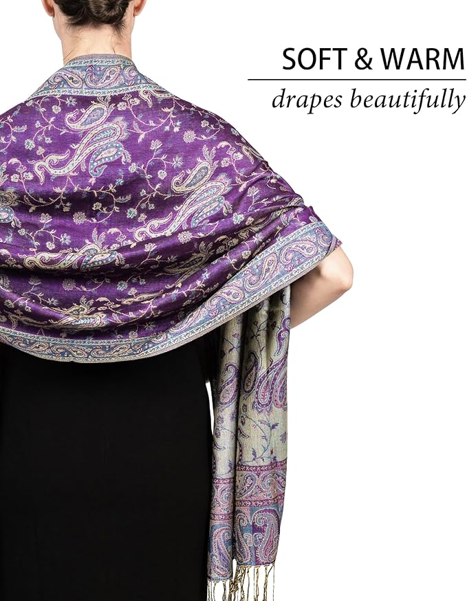 Achillea Reversible Paisley Pashmina Rave Scarf – Exotic Indian Shawls and Wraps for Evening Dresses, Festivals, All Seasons