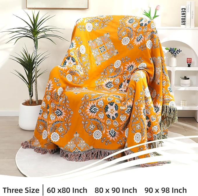 Boho Throw Blanket, 100% Cotton Soft Sofa Bed Throw-Floral Farmhouse Decor Blanket, Reversible Bohemian Throw for Chair Couch Quilt and Gift, 60" x 80"-Yellow