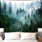 Atrippy Misty Forest Tapestry for Bedroom, Nature Mist Foggy Landscape Wall Tapestry Hanging, Green Trees Wall Art Vintage Retro Room Decor for Living Room College Dorm 51x60 Inches