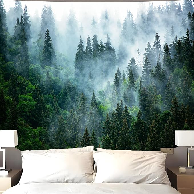 Atrippy Misty Forest Tapestry for Bedroom, Nature Mist Foggy Landscape Wall Tapestry Hanging, Green Trees Wall Art Vintage Retro Room Decor for Living Room College Dorm 51x60 Inches
