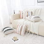 decorUhome Christmas Boho Decorative Throw Pillow Covers 18x18 Set of 2, Striped Chenille Tufted Pillow Covers with Tassels for Couch Bed Sofa, Cream White and Green