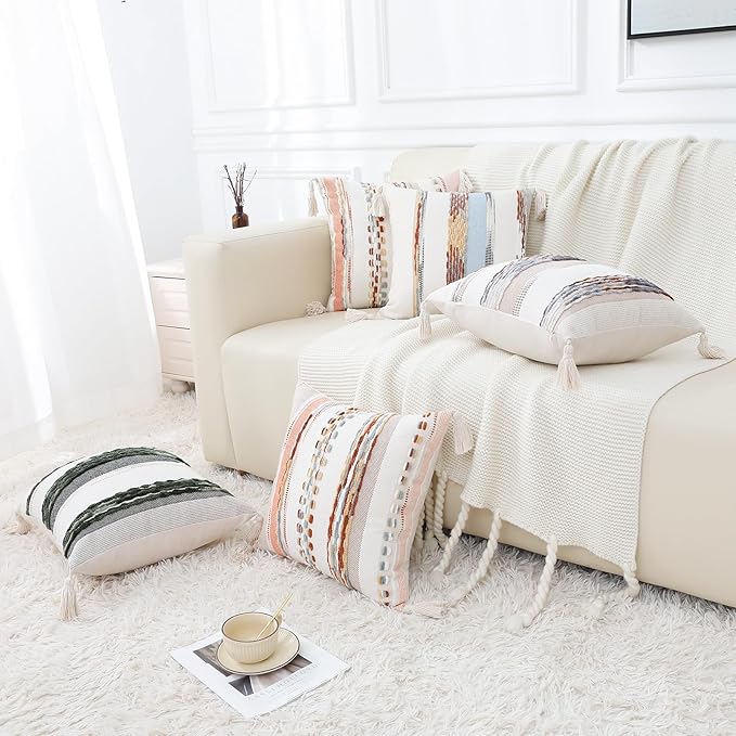 decorUhome Christmas Boho Decorative Throw Pillow Covers 18x18 Set of 2, Striped Chenille Tufted Pillow Covers with Tassels for Couch Bed Sofa, Cream White and Green