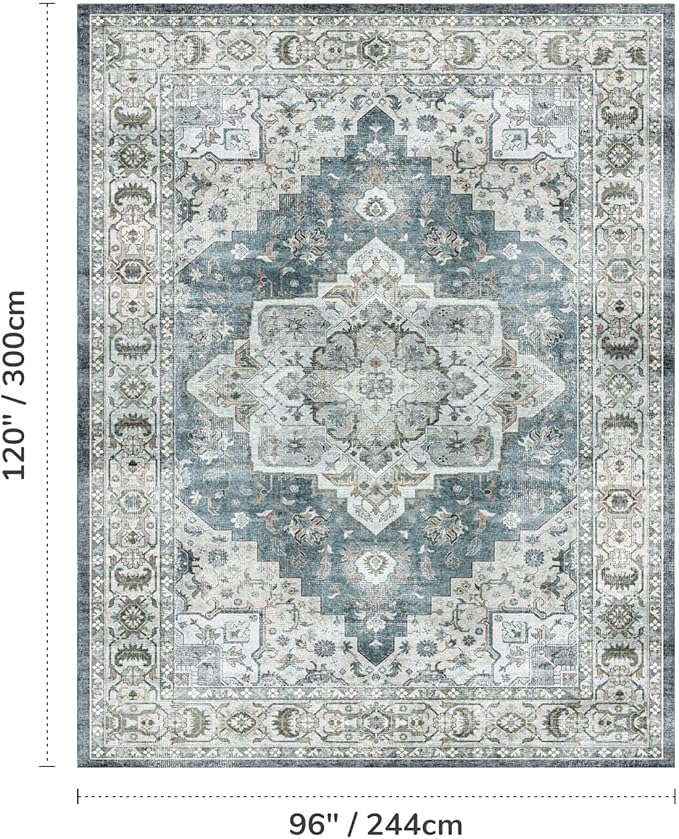 Lessymo 8x10 Vintage Medallion Rug for Living Room, Machine Washable Area Rugs for Bedroom Dining Room Under Table, Soft Low Pile Carpet with Non Slip Backing, Blue Grey/Beige