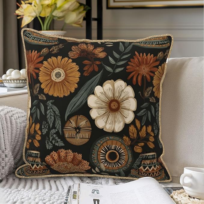 KSLIDS Boho Flower Soft Velvet Throw Pillow Covers Set of 2 Modern Abstract Retro Bohemian Flower Decorative Pillow Covers 16x16 Inch Mid Century Tropical Leaves Pillow Case for Sofa Couch Home Decor