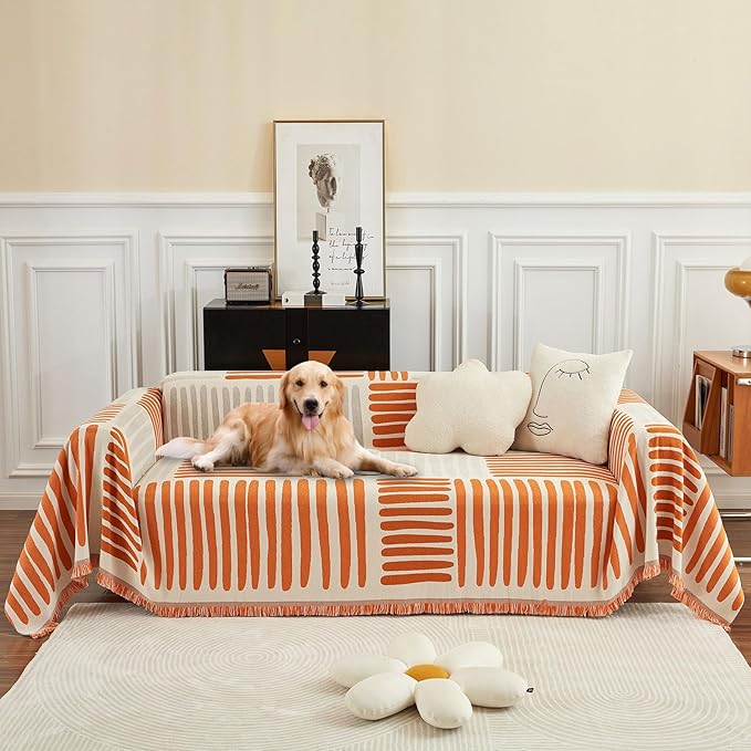 ROOMLIFE Chenille Couch Cover Minimalist Anti-cat Scratch Soft Chenille Sofa Towel Blanket Four Season Use Dust-Proof Sofa Towel Blanket,Pet Furniture Protector, Orange 71"x150"
