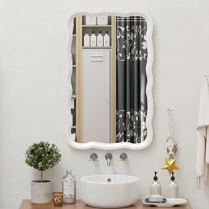 COZAYH Rustic Farmhouse Wall Mirror, 23.5” x 38” Rectangular Decorative Wall Mounted Mirror with Distressed Wood Frame & Curved Scallop Detail, White