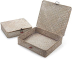 Seagrass Storage Baskets with Lid, Flat Wicker Basket, Shallow Woven Basket for Shelf, Decorative Storage Boxes for Organizing, Whitewash