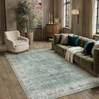6x9 Washable Area Rug for Living Room Bedroom Teal Blue Vintage Distressed Rustic Low Pile Carpet Non-Slip Soft Throw Rug for Indoor Dining Room Office