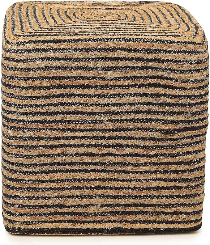 REDEARTH · Cube Pouf Foot Stool Ottoman - Jute Braided Pouffe Poof Accent Sitting Footrest for The Living Room, Bedroom, Nursery, Patio, Lounge 50% Jute 50% Cotton (14.5”X14.5”X16”; Natural Black)