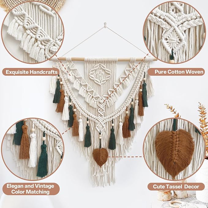 lokeisna Macrame Wall Hanging, Woven Tapestry Beige & Dusty Rose Handmade Craft Macrame Wall Decor, Gallery & Nursery, Size 37.4” Lx27.5” W Brown Green