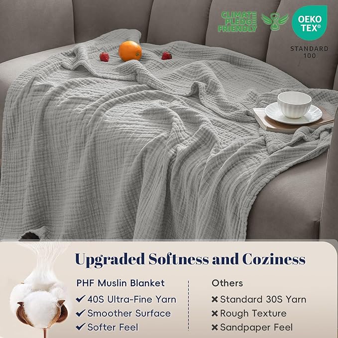 PHF 100% Cotton Muslin Throw XL Blanket Large 50" x 70", 4-Layer Lightweight Gauze Throw, Breathable Cloud-Soft Minimalist Blanket for Bed, Couch, Camping & Baby, Light Grey, Ideal Gift