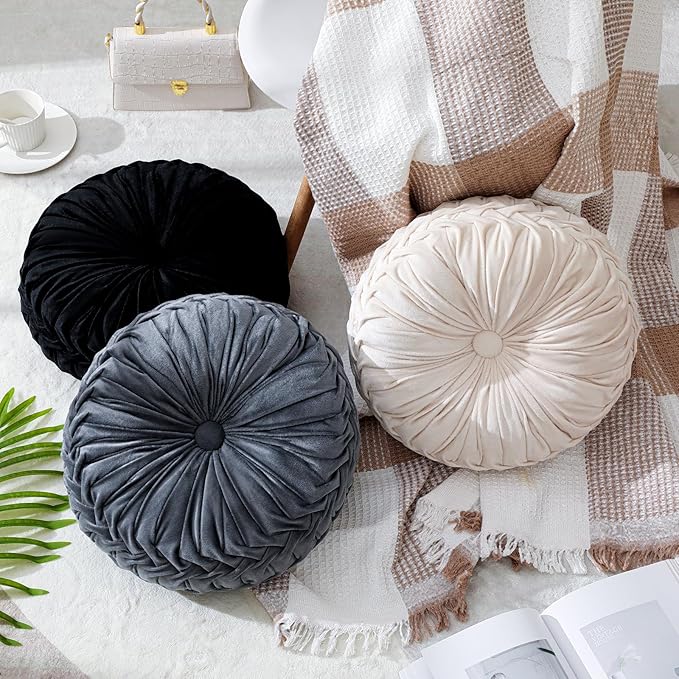 Round Throw Pillows Decorative Pleated Throw Pillows 15'' Diameter Accent Pumpkin Boho Chair Cushion for Couch Sofa Home Decoration(Black, White, Gray,3 Pcs)