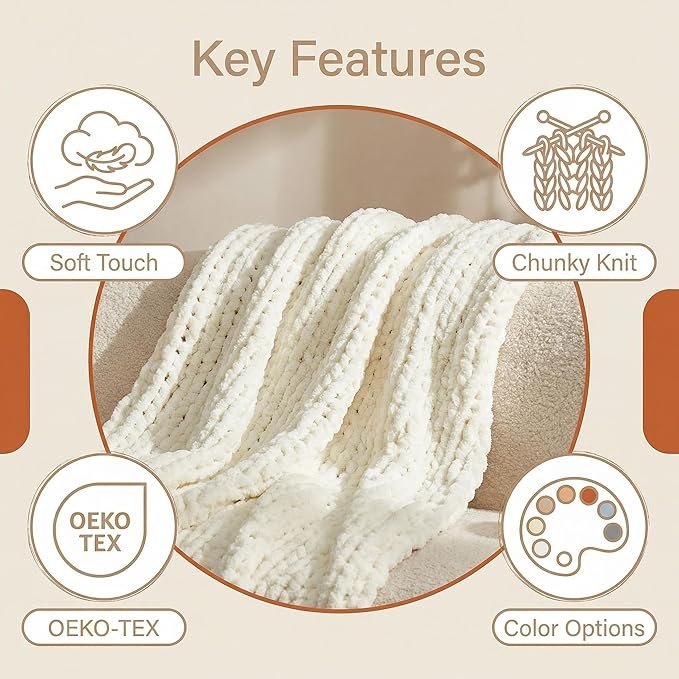 Amélie Home Chunky Knit Throw Blanket for Couch, Soft Chenille Crochet Blanket for Children, 40"x50", Ivory