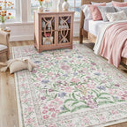 Lahome Sylvie Boho Purple Floral 5x7 Area Rugs, Washable Rugs for Bedroom Nursery Decor, Soft Non-Slip Lavender Carpet for Kids Room Girls Playroom Living Room, Pale Lilac/Pink