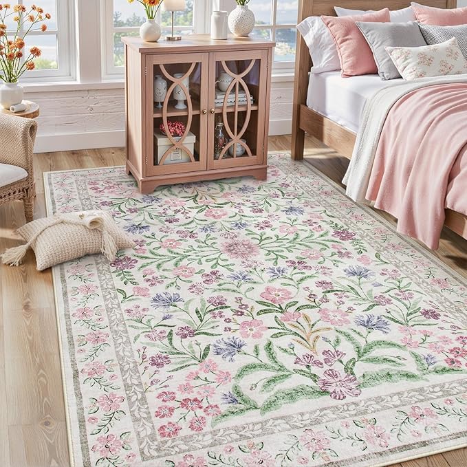 Lahome Sylvie Boho Purple Floral 5x7 Area Rugs, Washable Rugs for Bedroom Nursery Decor, Soft Non-Slip Lavender Carpet for Kids Room Girls Playroom Living Room, Pale Lilac/Pink