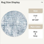 5x5 Blue/Grey Round Rug 5ft Living Room Circle Rug Vintage Round Area Rug Non Slip Indoor Carpet for Entryway Dining Room Bedroom