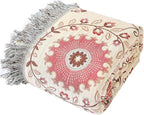 Snycler Boho Throw Blanket for Bed - 100% Cotton Ultra Soft Rustic Quilt - Pink Boho Floral Printed Farmhouse Decor Bed Blankets, 80"×90" All Season Rustic Throw for Sofa Couch Chair