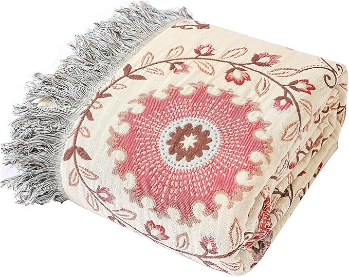 Snycler Boho Throw Blanket for Bed - 100% Cotton Ultra Soft Rustic Quilt - Pink Boho Floral Printed Farmhouse Decor Bed Blankets, 91"x98" All Season Rustic Throw for Sofa Couch Chair
