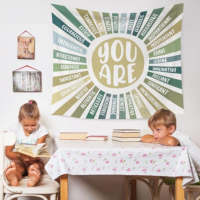 WARDOS Boho Green Sunshine Tapestry, You Are Inspirational Tapestry Wall Hanging, Colorful Boho Sun Positive Affirmation Wall Blanket Decor for Kids Room Nursery Playroom Classroom, 50x60 Inch