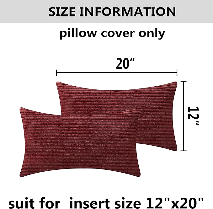 Home Brilliant Lumbar Throw Pillow Covers 12x20 inch 2 Pack Solid Striped Corduroy Dark Red Rectangle Pillow Cover for Sofa Couch Wedding Decorations, 12 x 20 inch, Burgundy