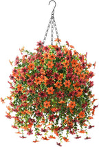 Artificial Faux Hanging Flowers Plants Basket for Outdoor Outside Spring Summer Decoration,Fake Silk Daisy in Planter Realistic UV Resistant for Home Porch Balcony Patio Yard Decor（Orange Brown)
