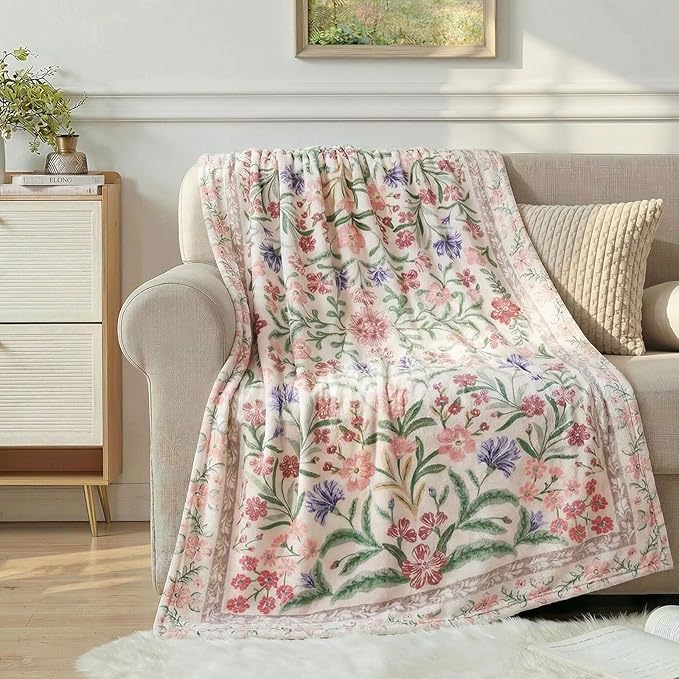 Lahome Floral Fleece Blanket for Women Girls Dorm Boho Decor, Small Throw Blanket for Couch Bed Chair Cover, Decorative Fleece Blanket Throws Mom Gift Spring Home Decor,Flower Purple 50x60