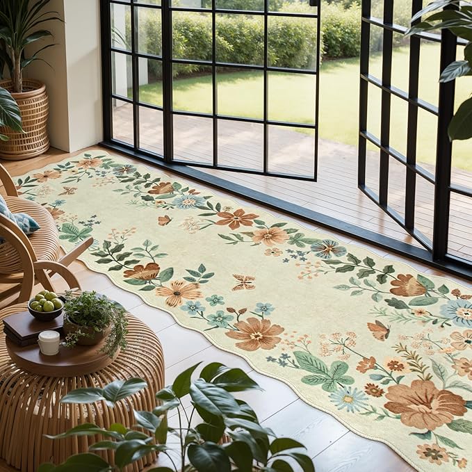 Lahome Floral Washable Runner Rug, 2'6''x8' Soft Hallway Rug Non Slip, Boho Ultra-Thin Kitchen Runners for Hallways with Rubber Backing Carpet for Laundry Bedroom Bathroom Flore (Beige)