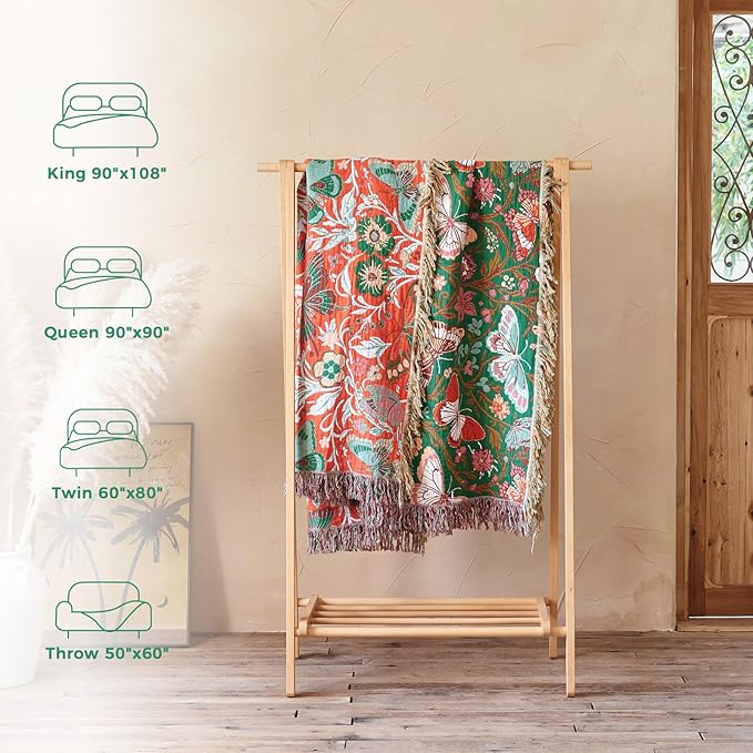 Boho Throw Blanket for Couch Sofa Chair Cotton Spring Blankets for Bedroom Living Room All Season Lightweight Reversible Butterflies Embroidery Throws 50"x60"