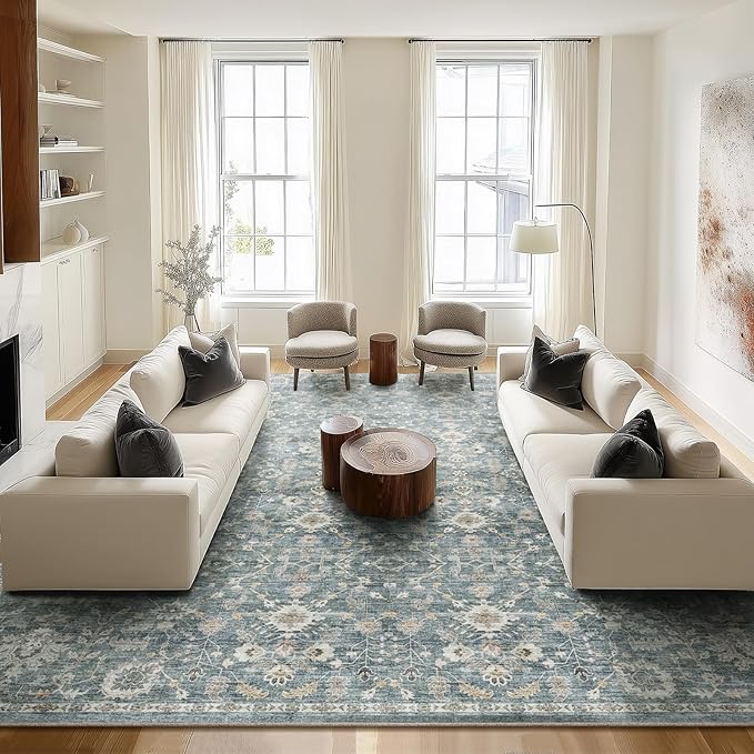 Washable Rugs for Living Room: 10x14 Area Rugs for Bedroom Ultral Soft Non-Slip Stain Resistant Vintage Boho Large Carpet for High-Traffic Dining Room - Farmhouse Decor