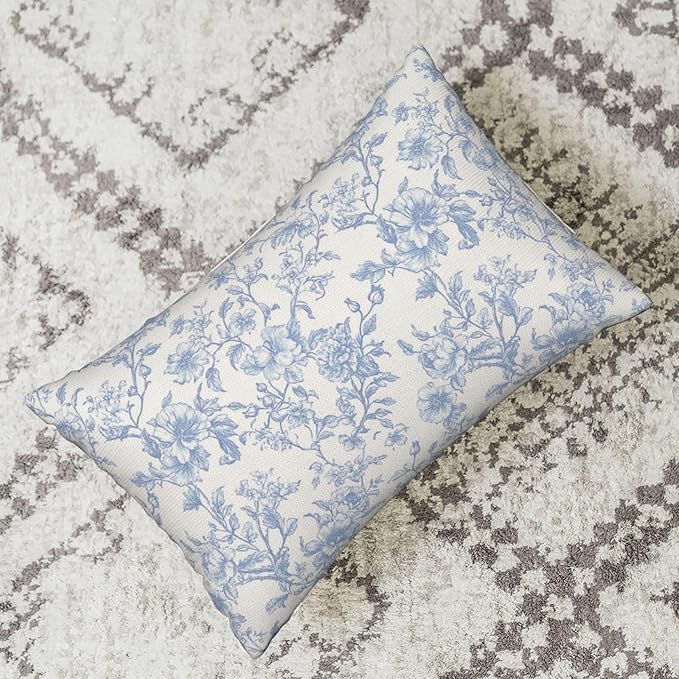 Baby Blue Pillow Covers 12x20 Inch Set of 2 Blue and Cream Floral Chinoiserie Throw Pillows Vintage Rustic Toile Flower Decorative Pillowcase Outdoor Lumbar Cushion Case for Couch Sofa Decor