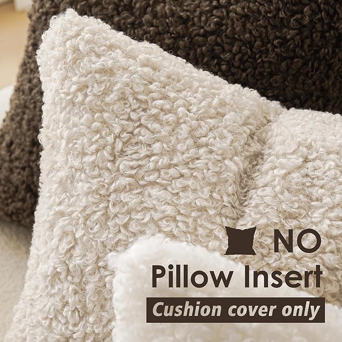 Foindtower 2 Pieces Faux Fur Throw Pillow Cover Decorative Sherpa Pillow Fuzzy Accent Pillowcases Soft Sheepskin Fleece Cushion Case for Bed Couch Living Room 18x18 Inch Neutral Cream