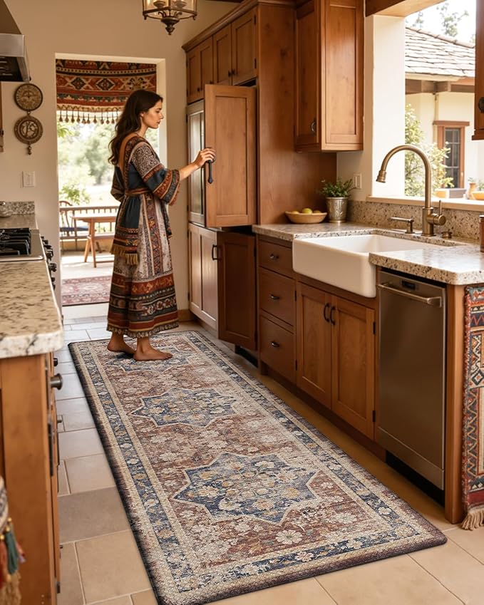 DEXI Kitchen Floor Mats Anti Fatigue, 23x86 Large Long Cushioned Vintage Runner Rug Waterproof, Standing Comfort Memory Foam Padded for Front Sink Laundry Office, Reddish Brown