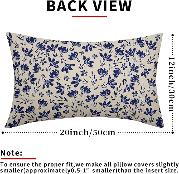 Navy Blue Floral Pillow Covers 12x20 Set of 2 Vintage Rustic Old Style Cute Small Flower Blue Cream Print Decorative Outdoor Pillowcases Farmhouse Throw Cushion Case Decor for Couch Sofa Bed