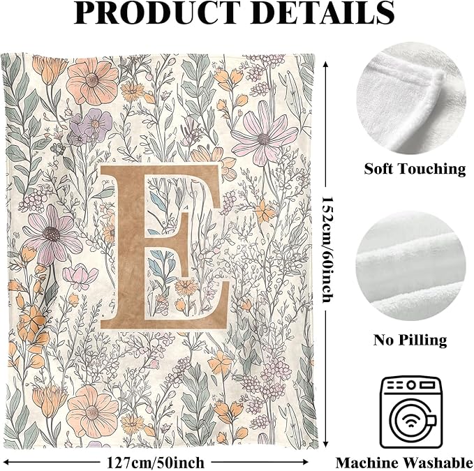JXREQ Throw Blanket Initial Letter E Personalized Monogrammed Gifts for Women Teen Girls Frends, Boho Floral Throw Blankets for Bed Sofa Living Room Office, 50x60 Inch