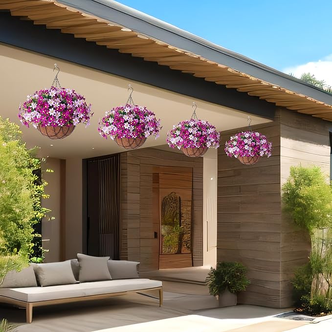 Artificial Flowers with Hanging Planter for Outdoor Decor, Faux Silk Daisy UV Resistant Plants in Basket for Indoor Porch Garden Yard Spring Summer Decor(Violet)