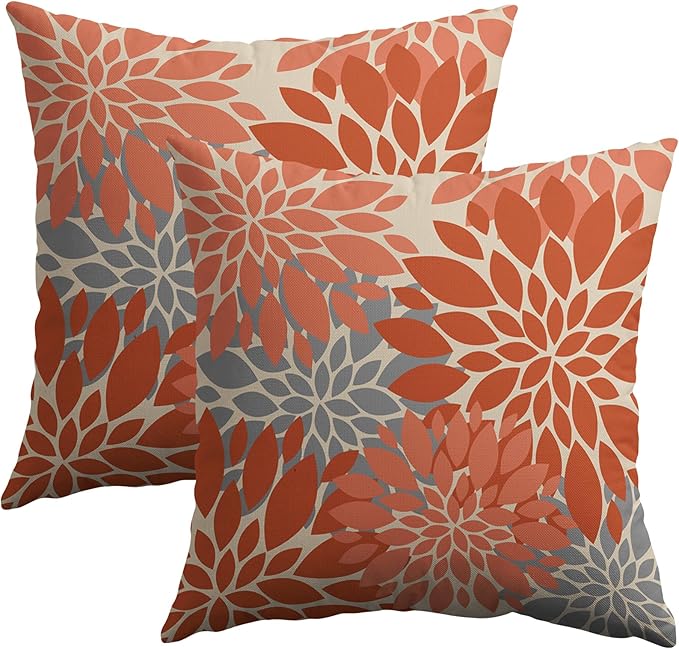 Orange Grey Gray Pillow Covers 18X18 Inch Set of 2, Fall Colored Modern Geometry Dahlia Floral Print Decorative Throw Pillow Covers Outdoor Farmhouse Cushion Case for Couch Sofa Bed Decor